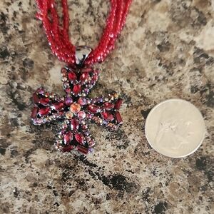 Red Beaded Multi-Strand Necklace with Cross Pendant